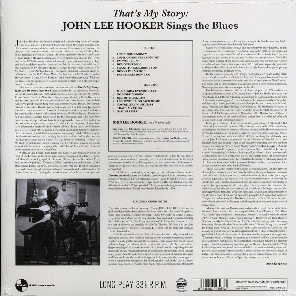 John Lee Hooker - That's My Story: John Lee Hooker Sings The Blues (+2 bonus tracks) (ltd. ed.) (180g) vinyl LP back cover