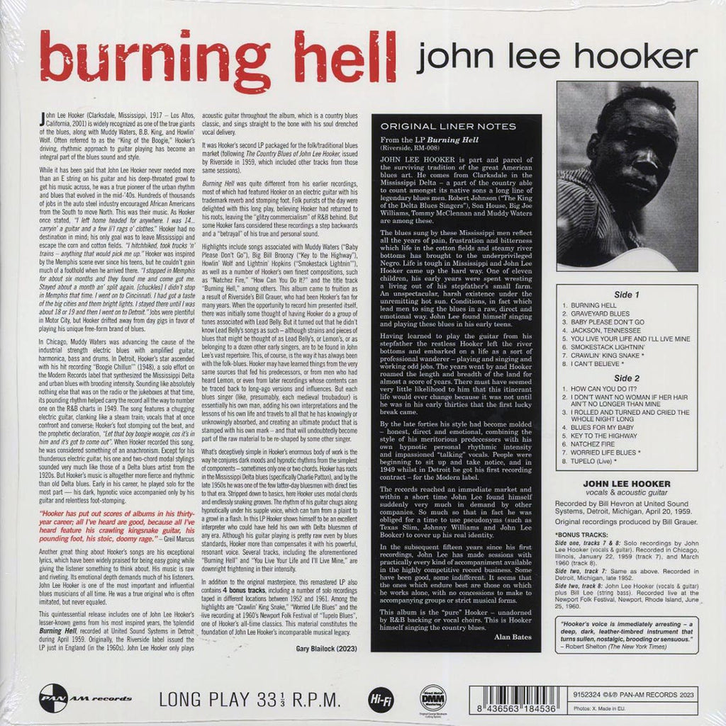 John Lee Hooker - Burning Hell (+4 bonus tracks) (ltd. ed.) (180g) vinyl LP back cover