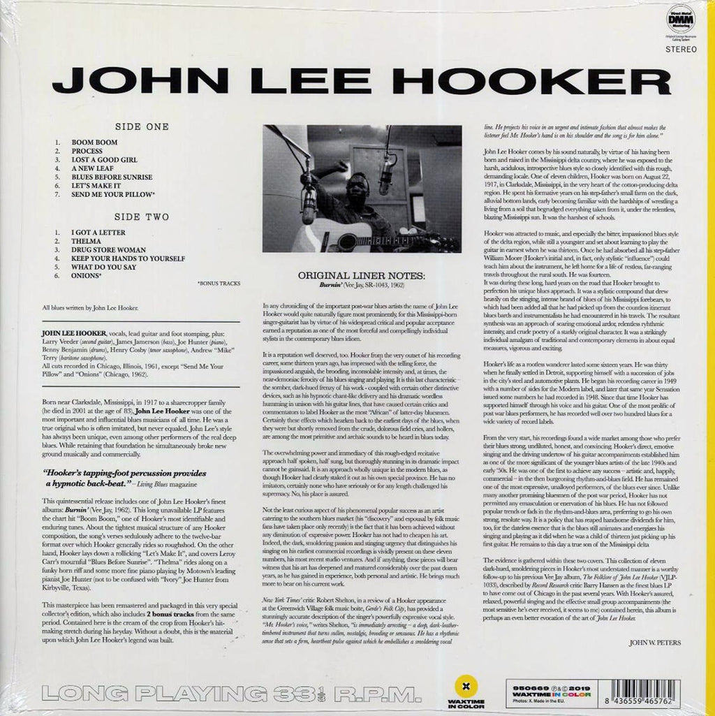 John Lee Hooker - Burnin' (+2 bonus tracks) (ltd. ed.) (180g) (yellow vinyl) vinyl LP back cover