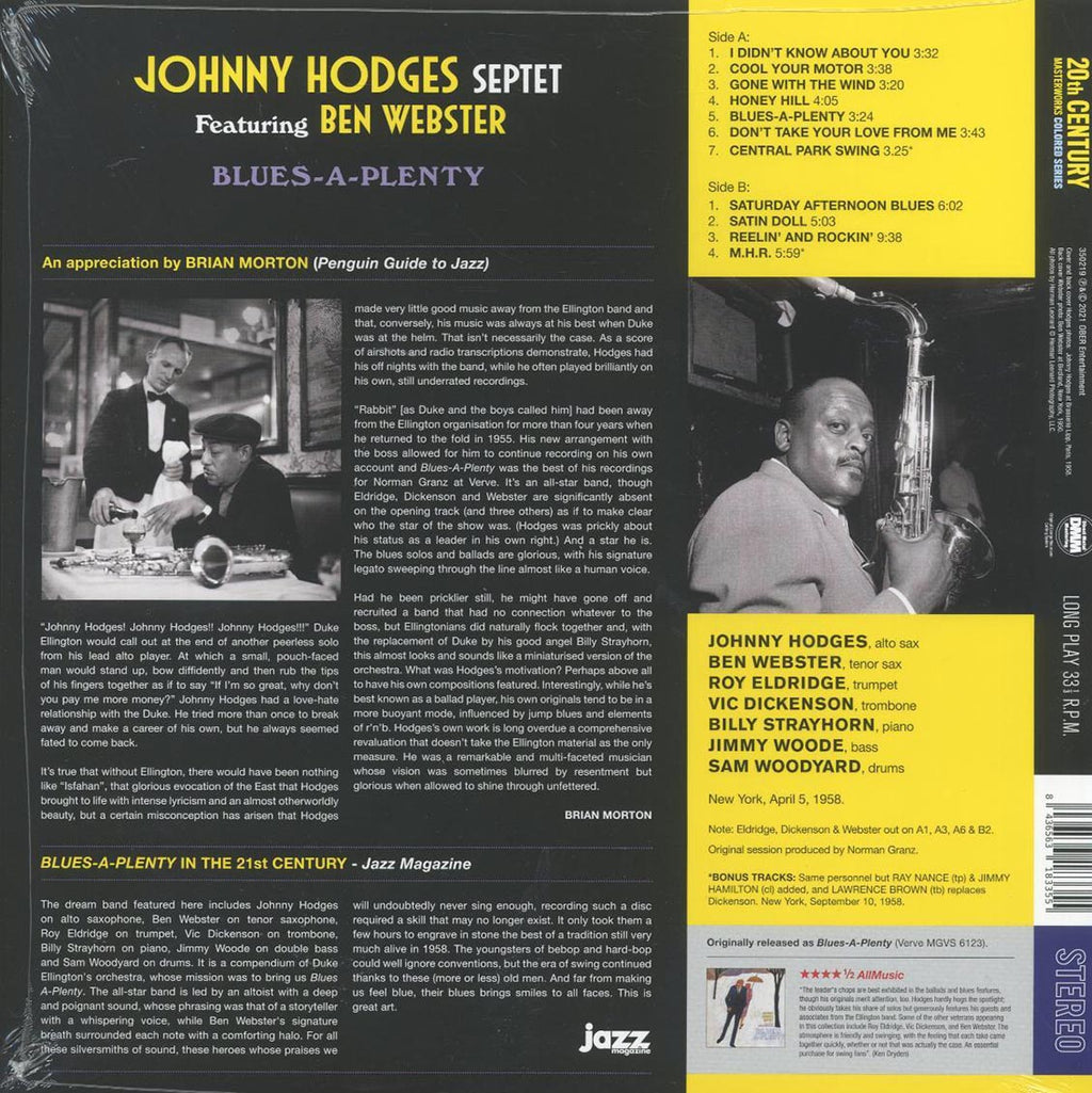Johnny Hodges Septet, Ben Webster - Blues-A-Plenty (+2 bonus tracks) (ltd. ed.) (180g) (red vinyl) vinyl LP back cover