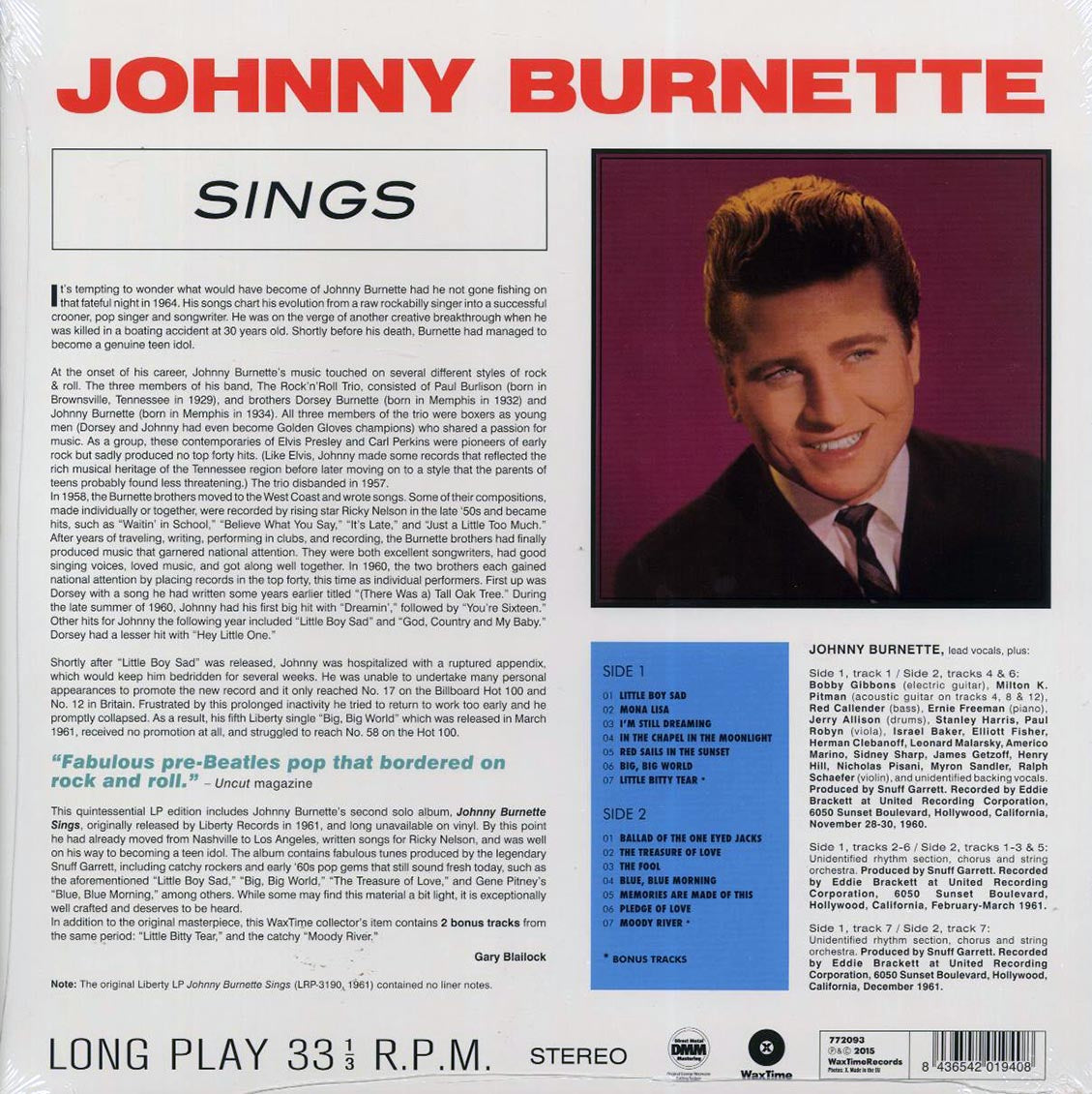 Johnny Burnette - Sings (+2 bonus tracks) (ltd. ed.) (180g) vinyl LP back cover