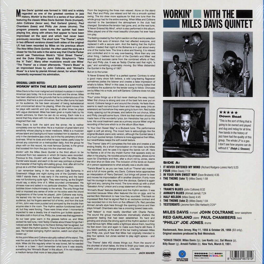 Miles Davis Quintet - Workin’ With The Miles Davis Quintet (+bonus track) (ltd. ed.) (180g) (blue vinyl) vinyl LP back cover