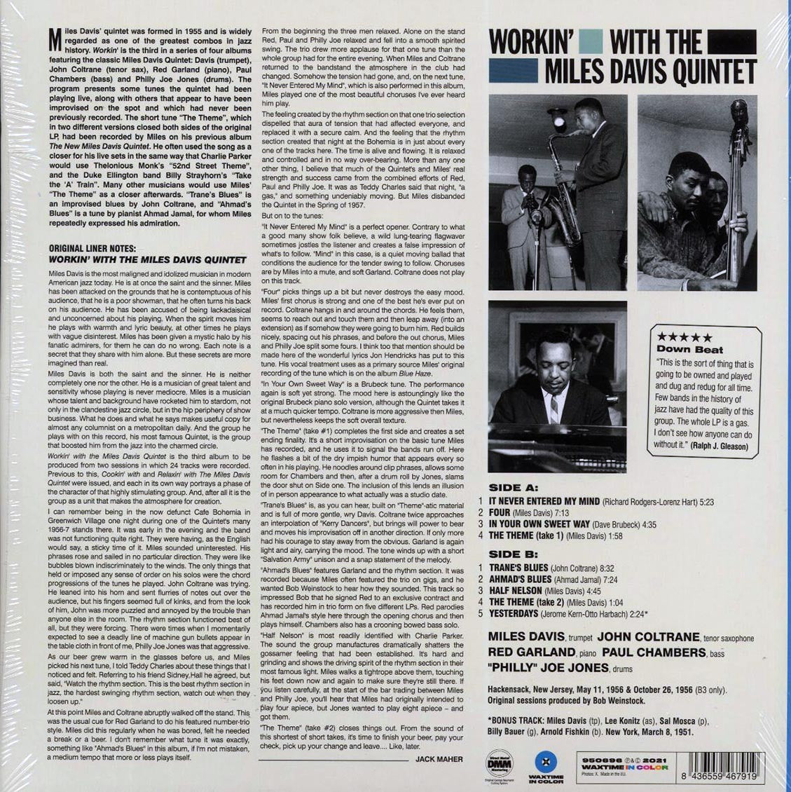 Miles Davis Quintet - Workin’ With The Miles Davis Quintet (+bonus track) (ltd. ed.) (180g) (blue vinyl) vinyl LP back cover