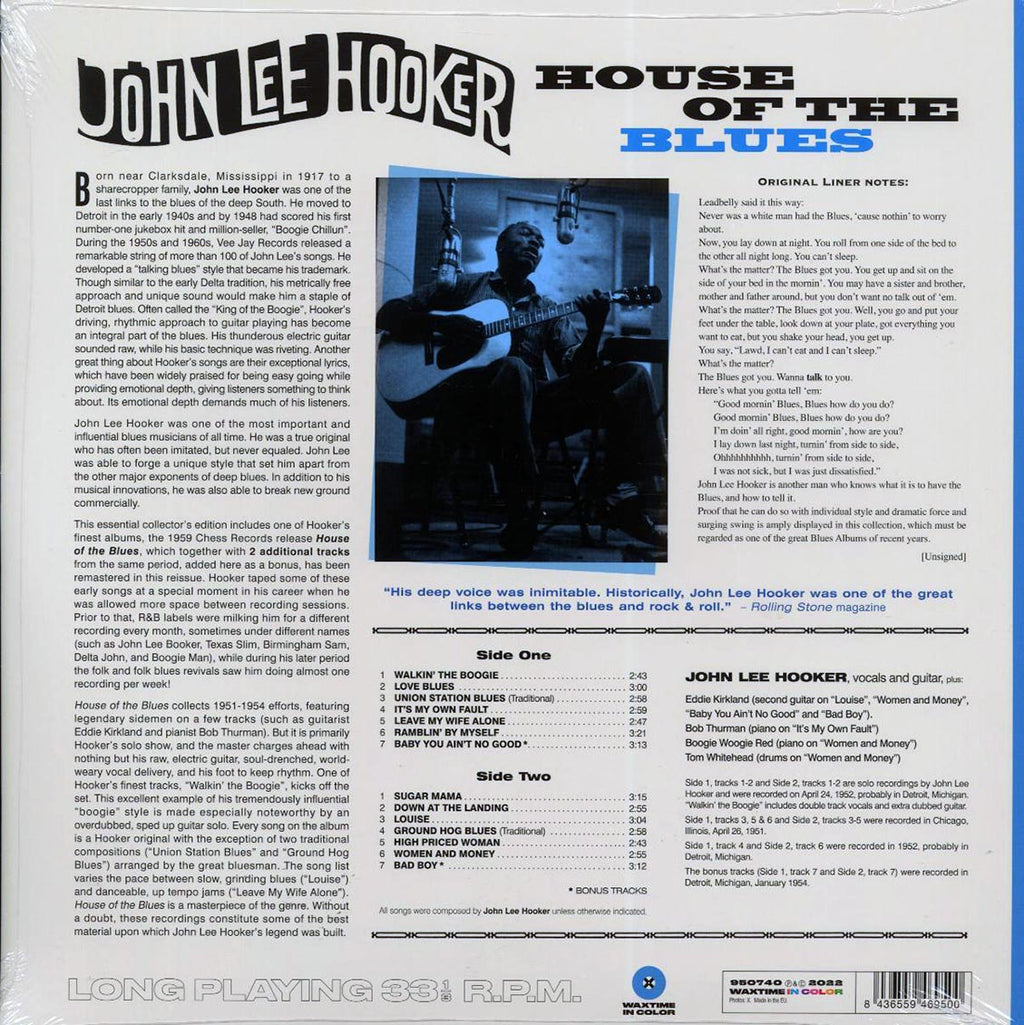 John Lee Hooker - House Of The Blues (+2 bonus tracks) (ltd. ed.) (180g) (blue vinyl) vinyl LP back cover