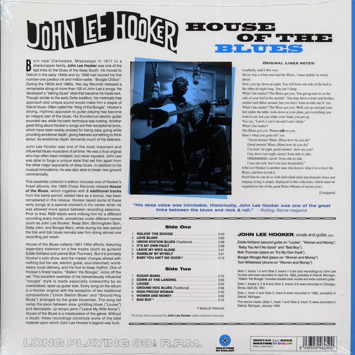 John Lee Hooker - House Of The Blues (+2 bonus tracks) (ltd. ed.) (180g) (blue vinyl) vinyl LP back cover