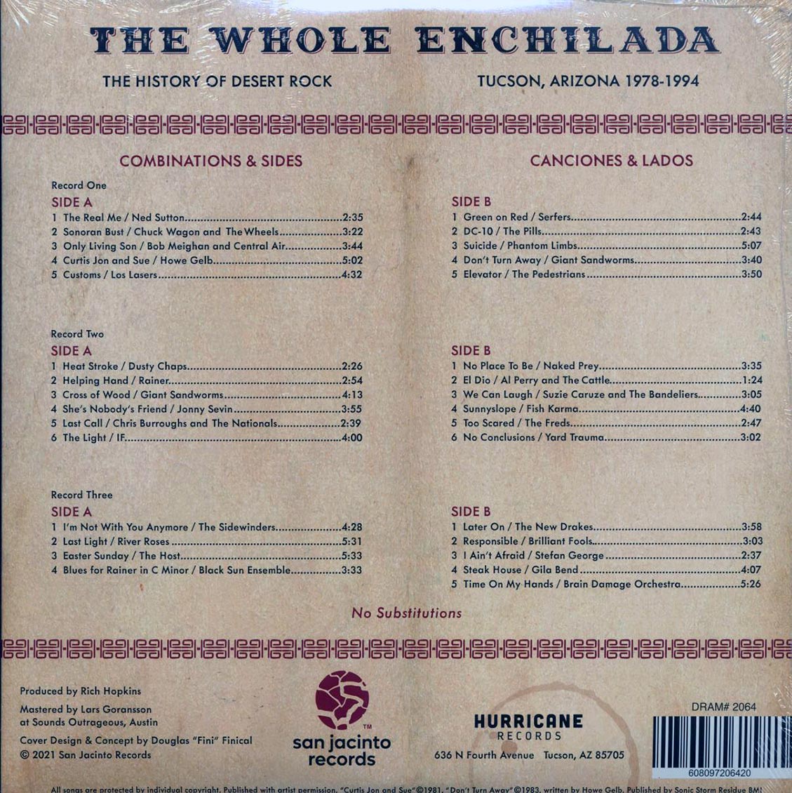 Various - The Whole Enchilada: The History Of Desert Rock Tucson, AZ 1978-1994 (3xLP) (incl. a bonus 45rpm vinyl) vinyl LP back cover