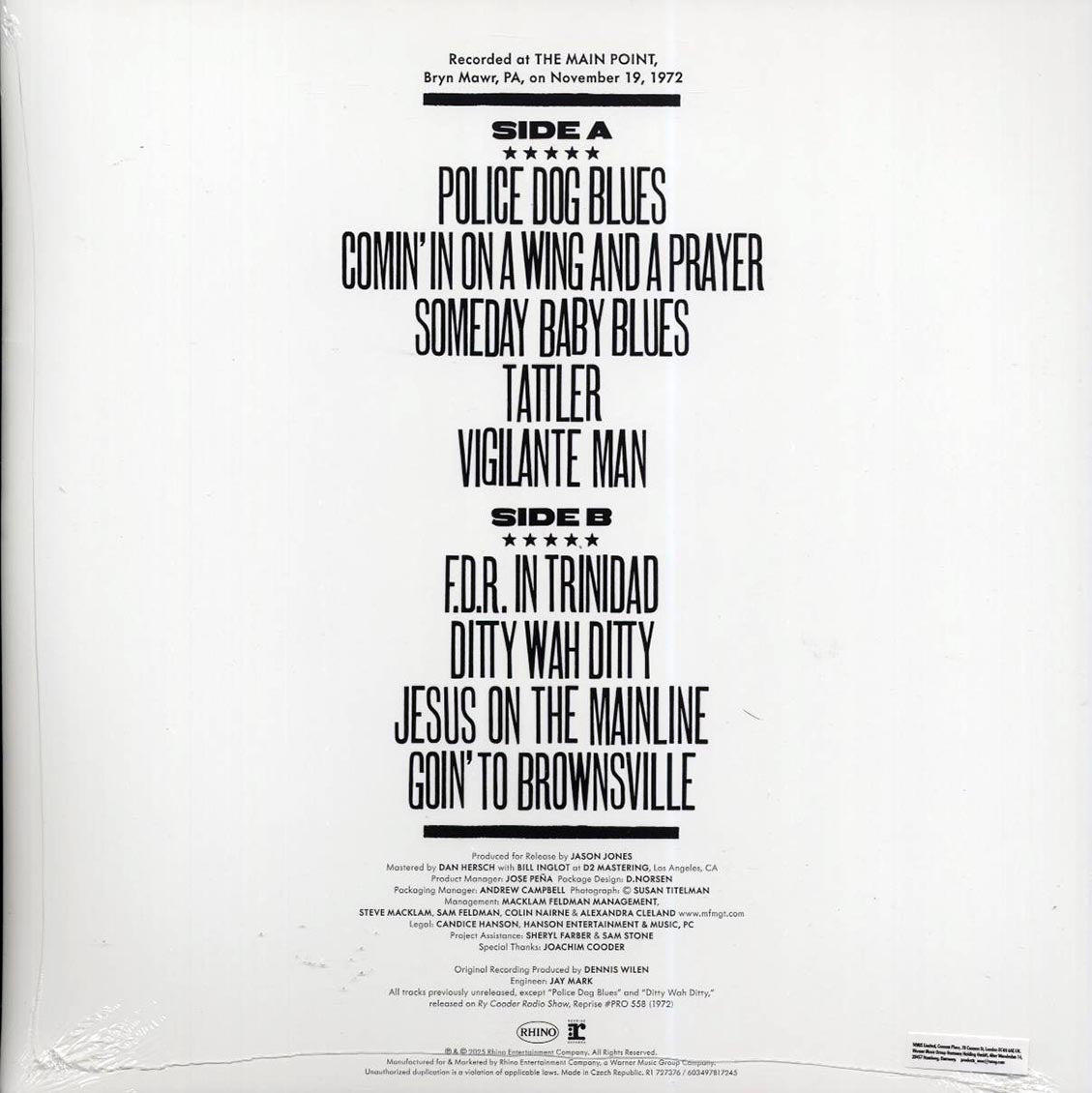 Ry Cooder - Live At The Main Point 1972 (RSD 2025) vinyl LP back cover
