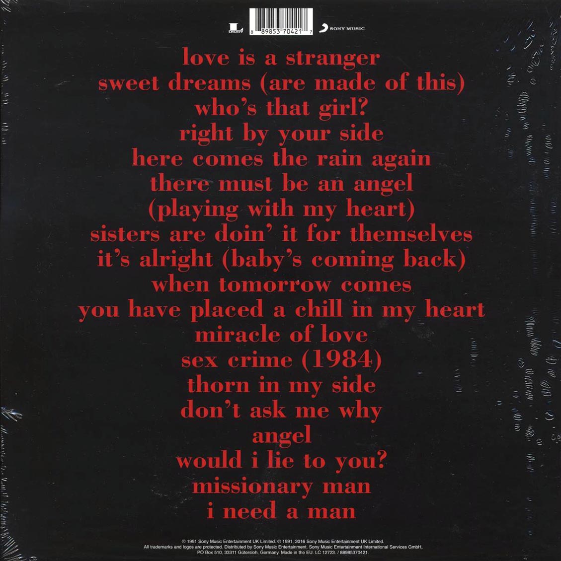 Eurythmics - Greatest Hits (2xLP) (180g) (remastered) vinyl LP back cover