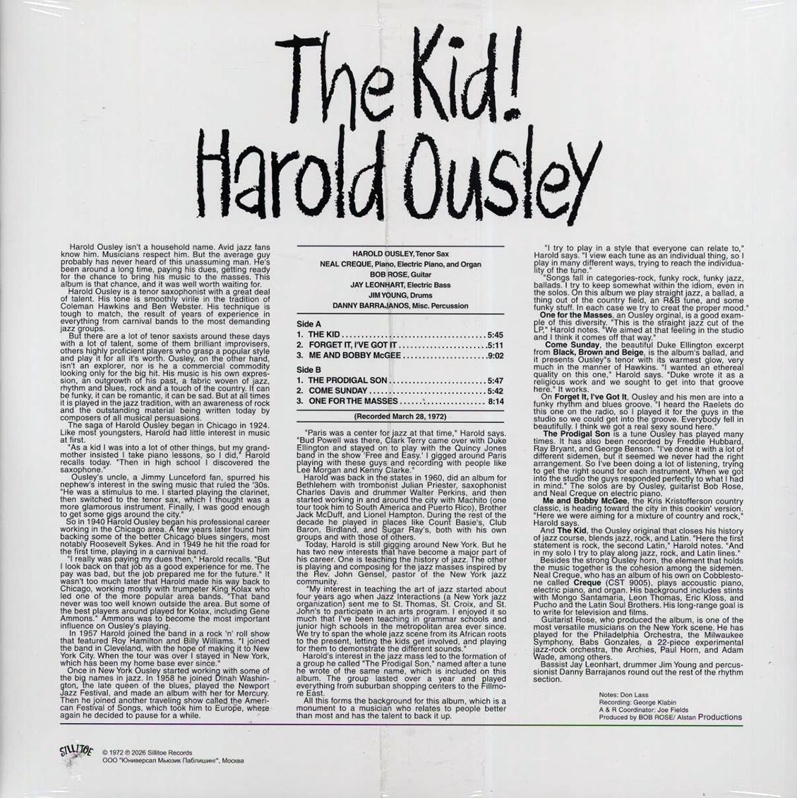 Harold Ousley - The Kid! (ltd. 500 copies made) (red vinyl) vinyl LP back cover