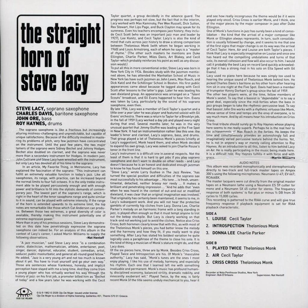 Steve Lacy - The Straight Horn Of Steve Lacy (green vinyl) vinyl LP back cover