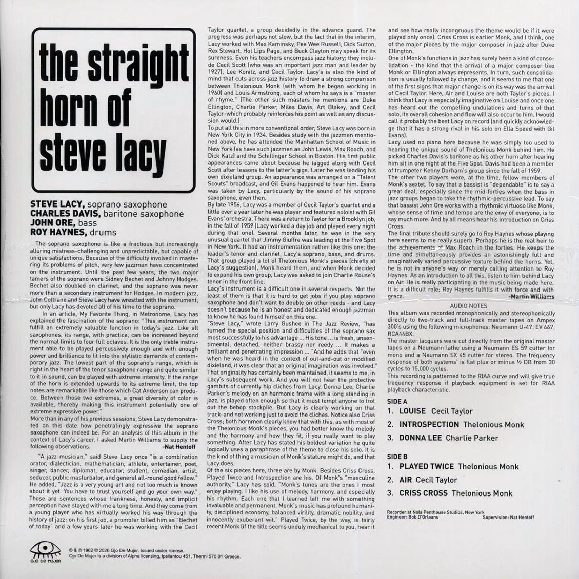 Steve Lacy - The Straight Horn Of Steve Lacy (green vinyl) vinyl LP back cover