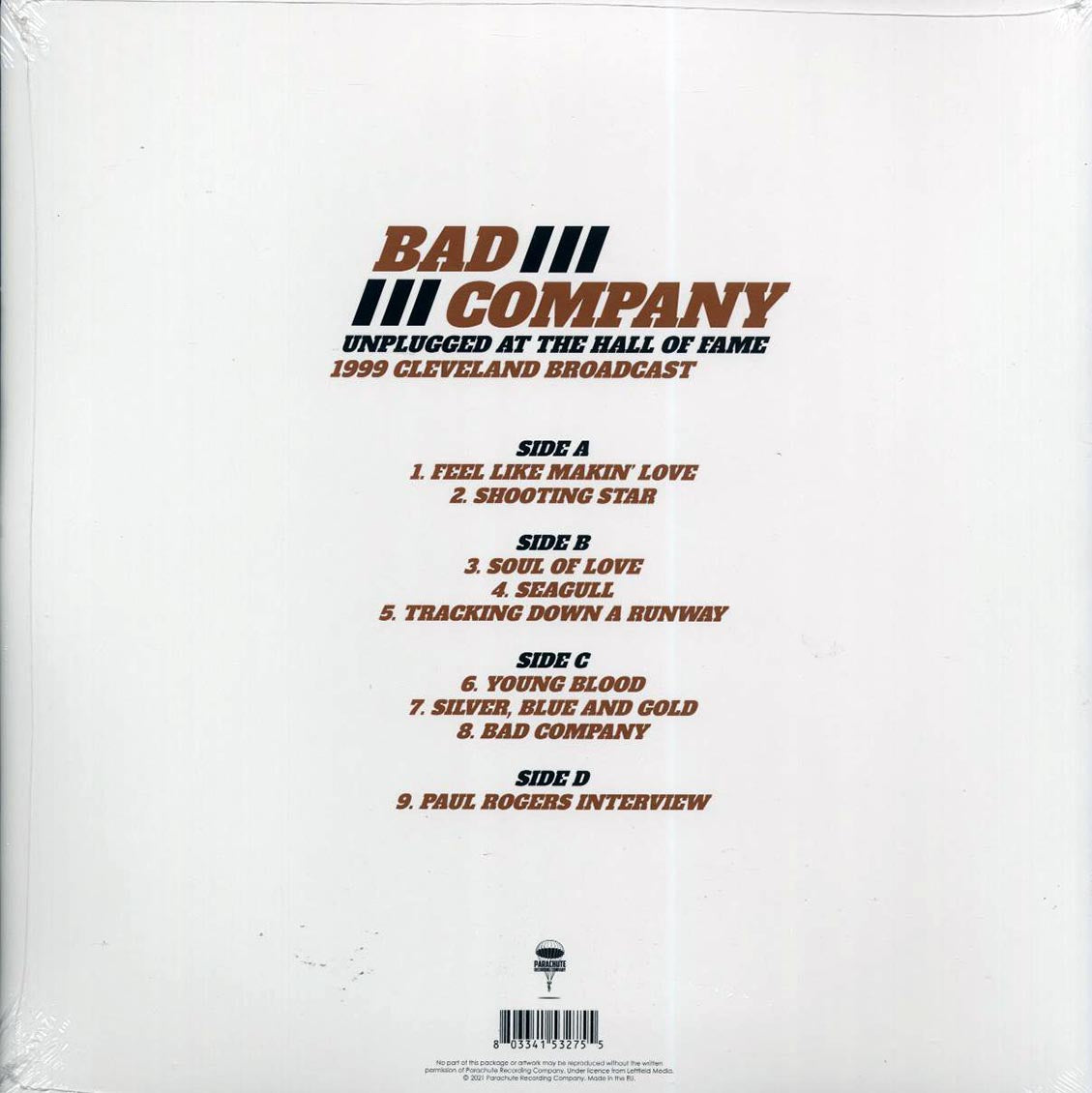 Bad Company - Unplugged At The Hall Of Fame: 1999 Cleveland Broadcast (2xLP) vinyl LP back cover