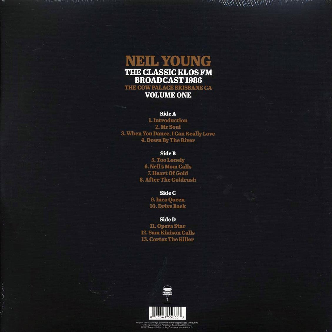 Neil Young - The Classic KLOS FM Broadcast 1986 Volume 1 (2xLP) vinyl LP back cover