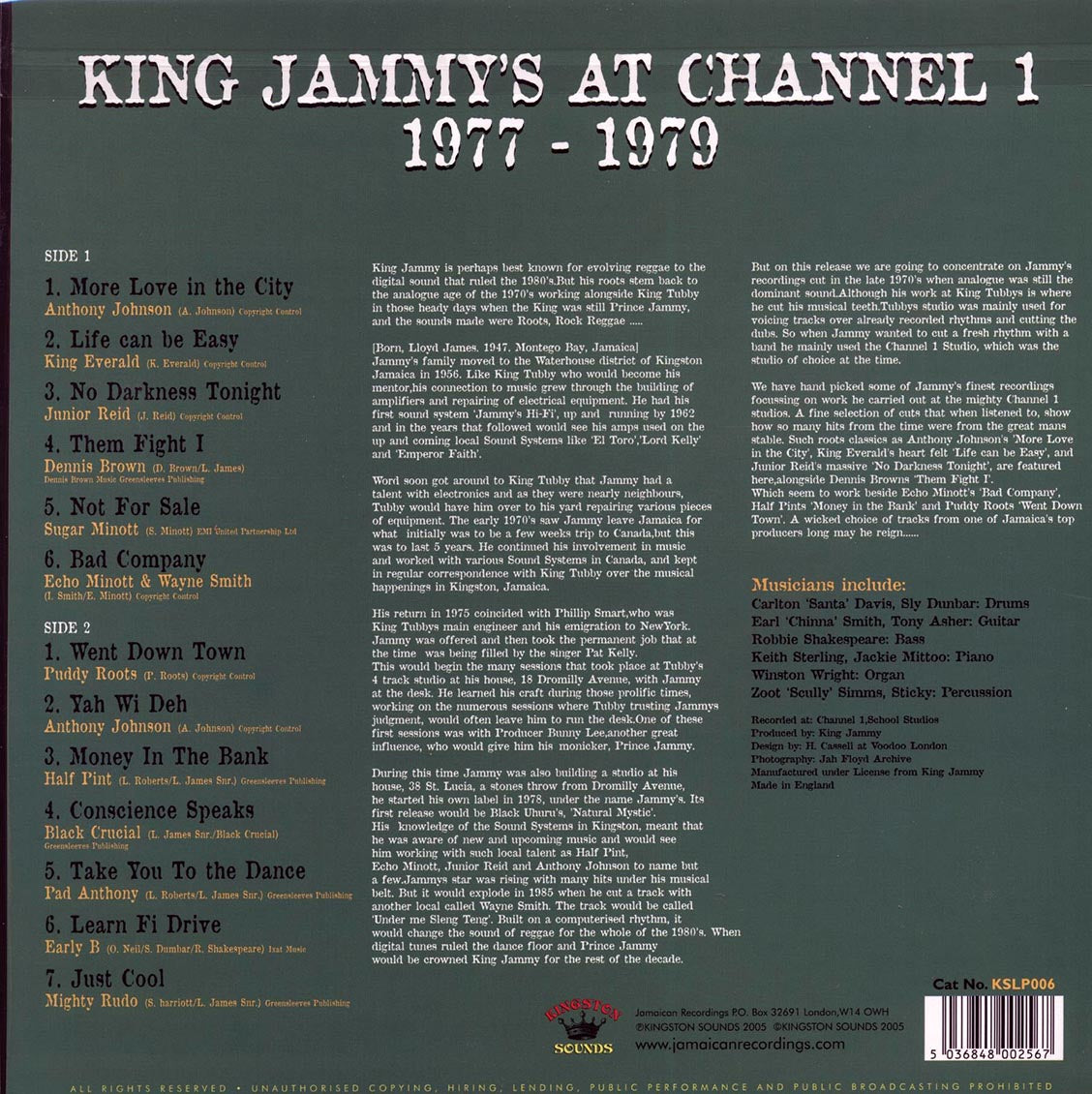 Jr. Reid, Half Pint, Wayne Smith, Pad Anthony, Etc. - King Jammy At Channel One (180g) vinyl LP back cover