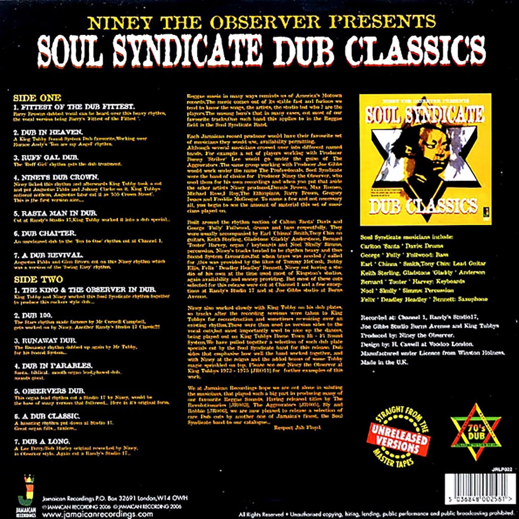 Soul Syndicate - Dub Classics: Niney The Observer Presents (180g) vinyl LP back cover