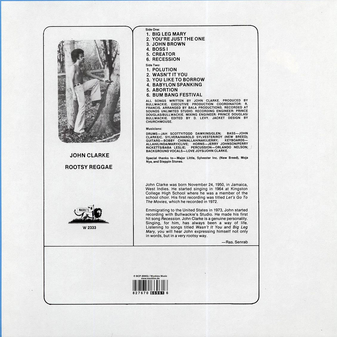John Clarke - Rootsy Reggae vinyl LP back cover