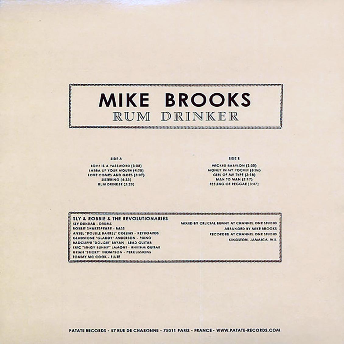 Mike Brooks - Rum Drinker vinyl LP back cover