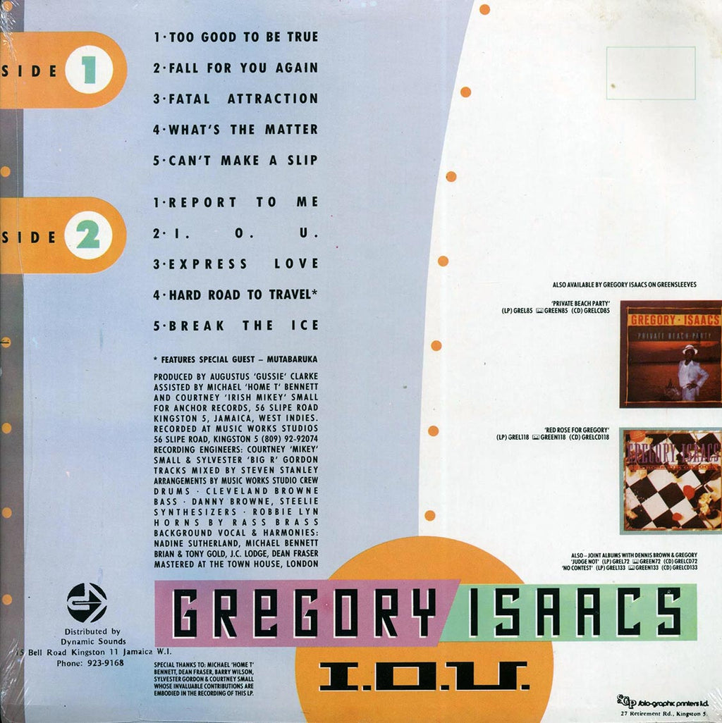 Gregory Isaacs - IOU (Jamaica press) (orig. press) vinyl LP back cover