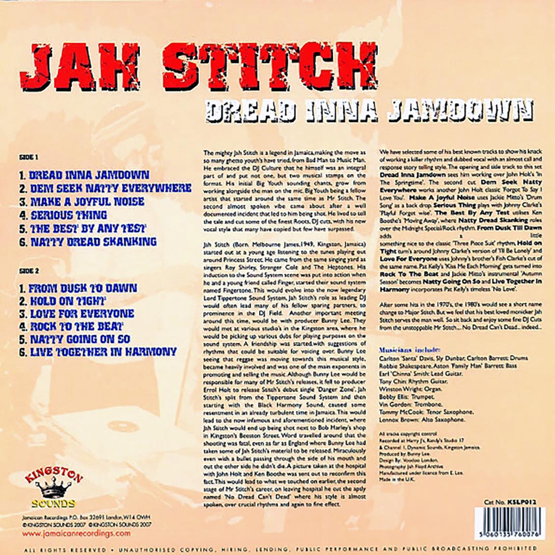 Jah Stitch - Dread Inna Jamdown (180g) vinyl LP back cover