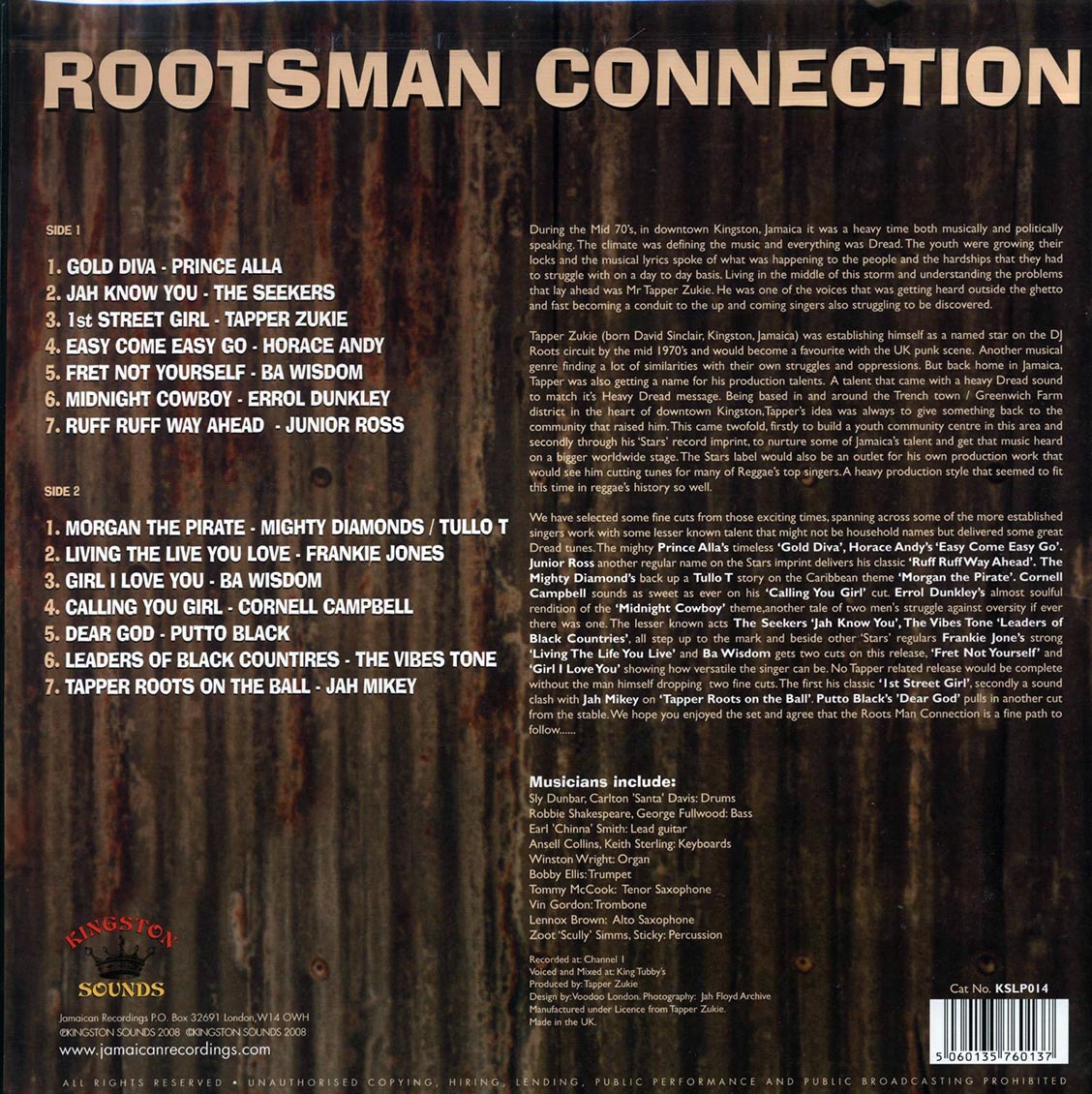 Tappa Zukie, Prince Alla, Etc. - Rootsman Connection (180g) vinyl LP back cover