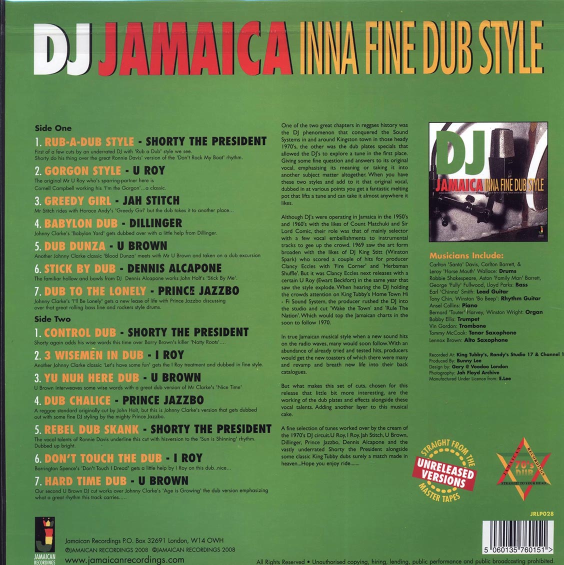 U Roy, Shorty The President, I Roy, Etc. - DJ Jamaica Inna Fine Dub Style (180g) vinyl LP back cover
