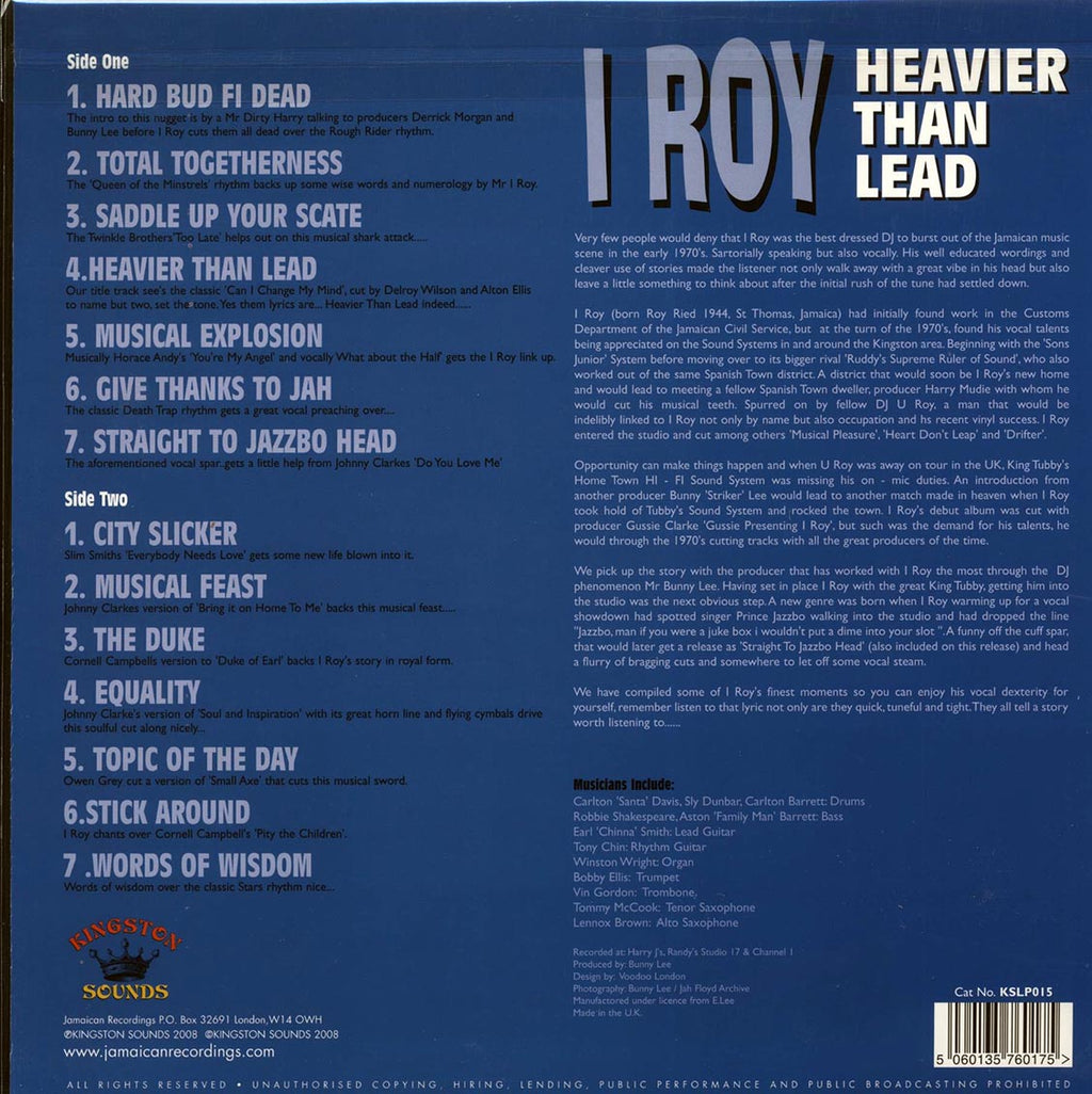 I Roy - Heavier Than Lead (180g) vinyl LP back cover