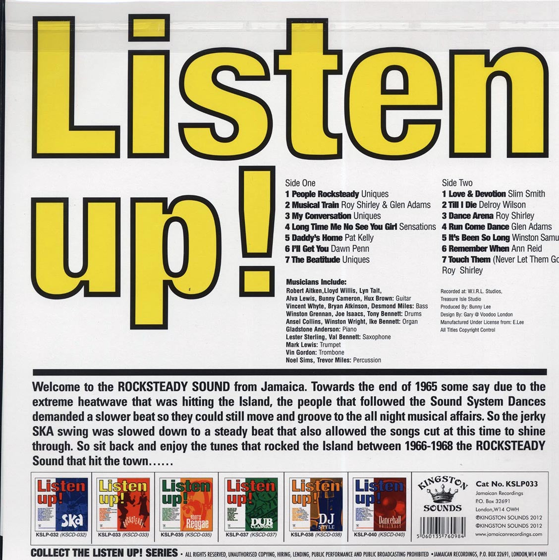 The Uniques, Slim Smith, Dawn Penn, Pat Kelly, Etc. - Listen Up: Rock Steady (180g) vinyl LP back cover