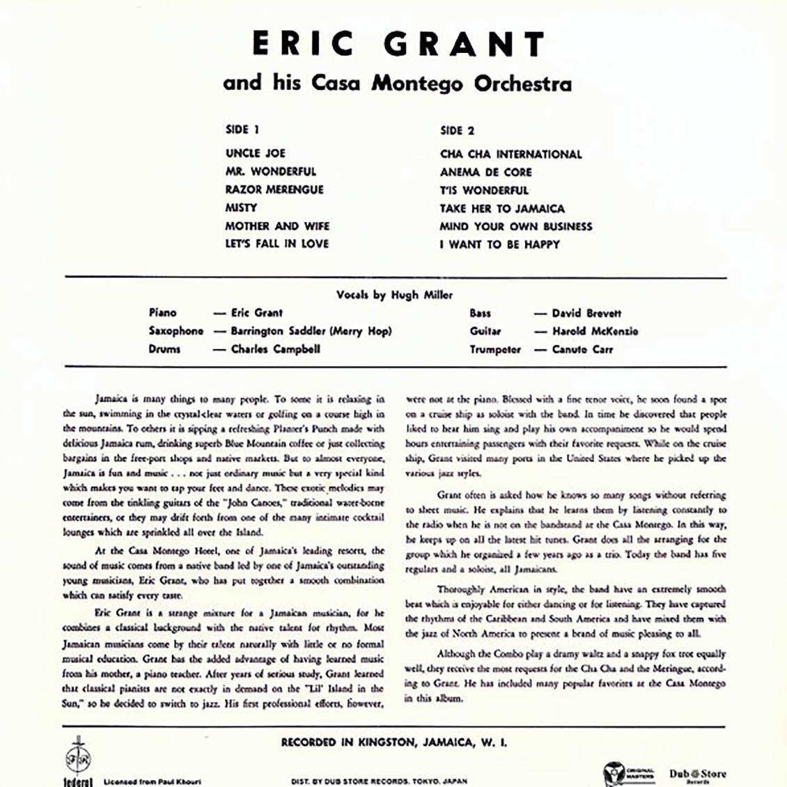 Eric Grant & His Casa Montego Orchestra - Cool At The Casa Montego (Japan) (Japan press) vinyl LP back cover
