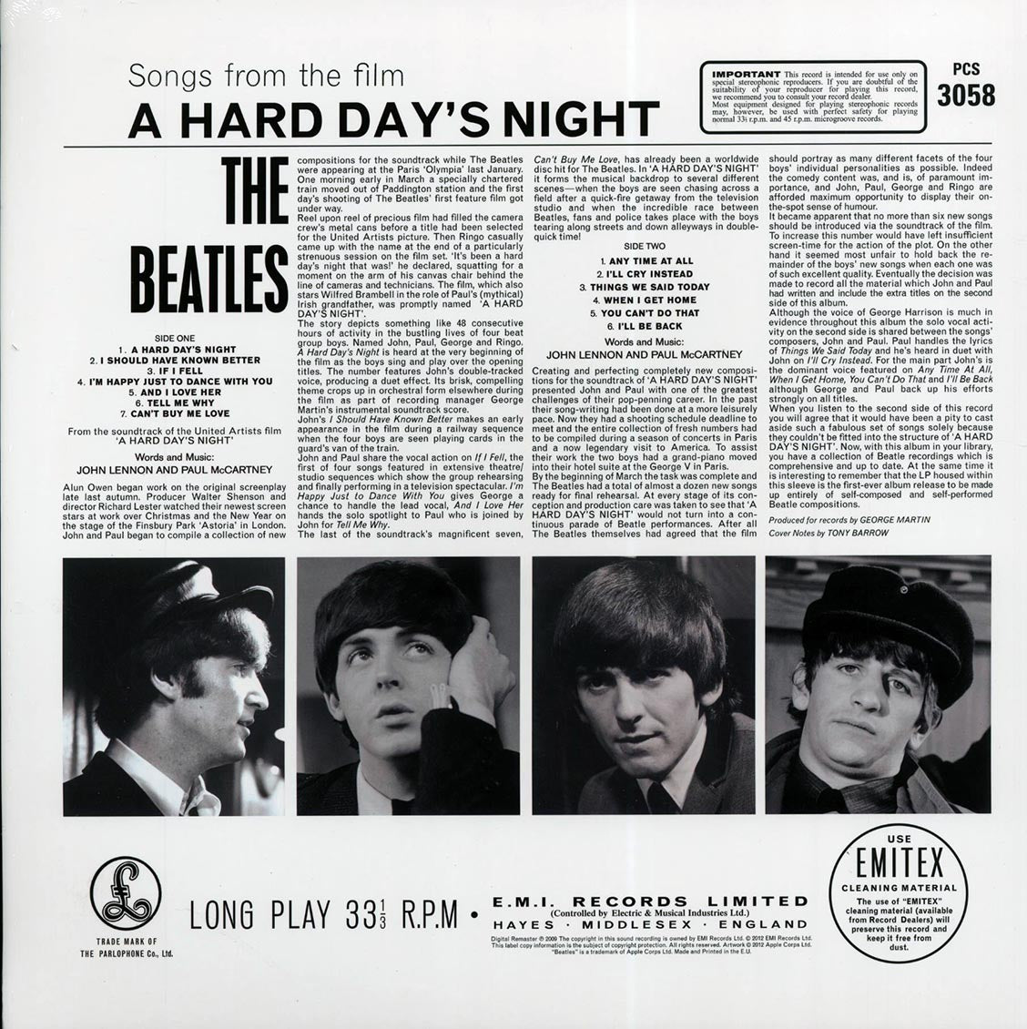 The Beatles - A Hard Day's Night (stereo) (180g) vinyl LP back cover
