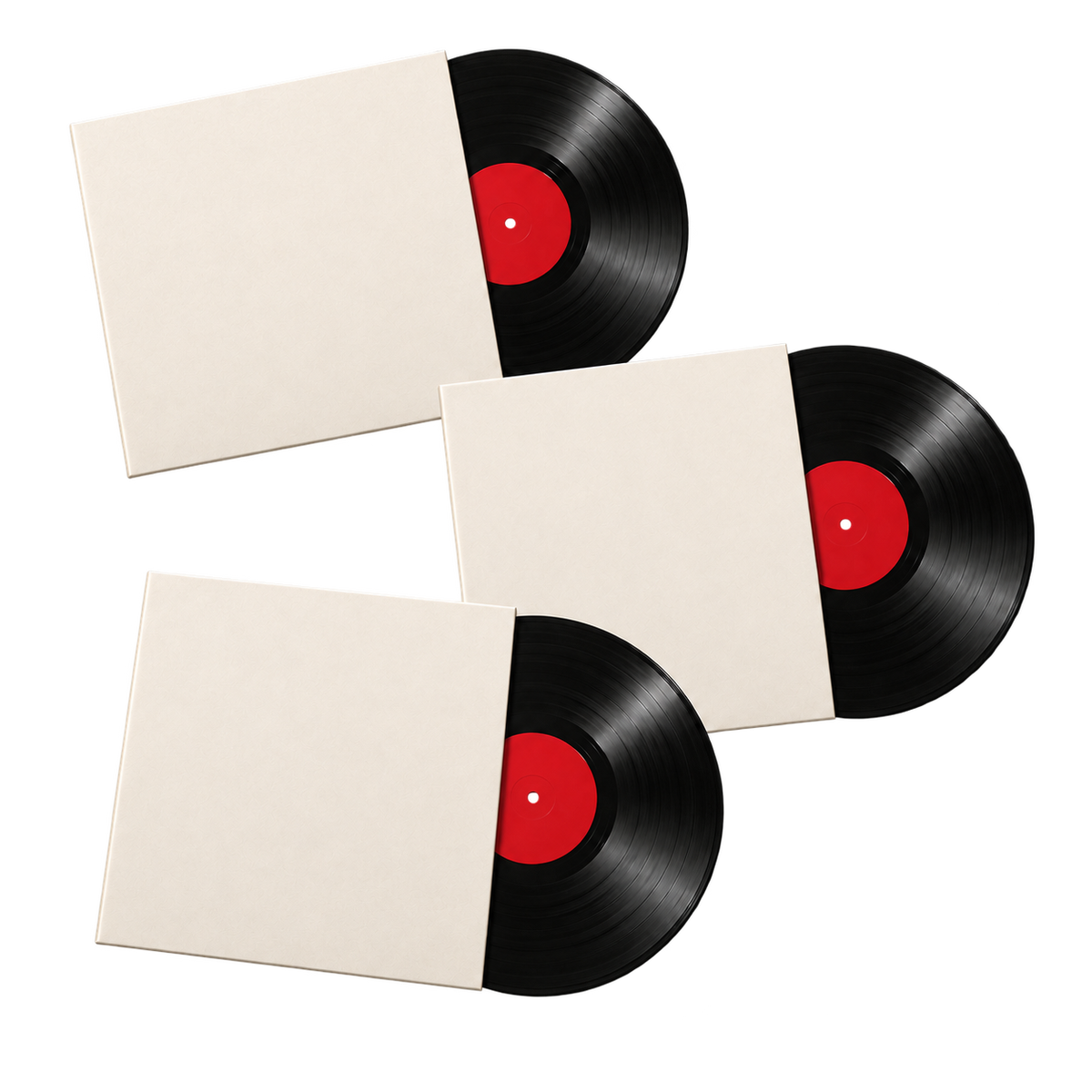 Illustration of 3 vinyl records with blank sleeves for Cool Cat Club — The Collector. Selected albums and cover artwork vary.
