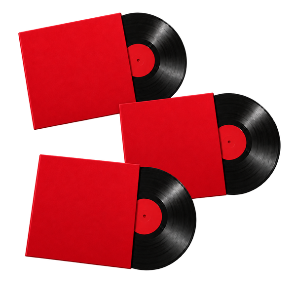 Illustration of 3 vinyl records with blank sleeves; selected albums vary.