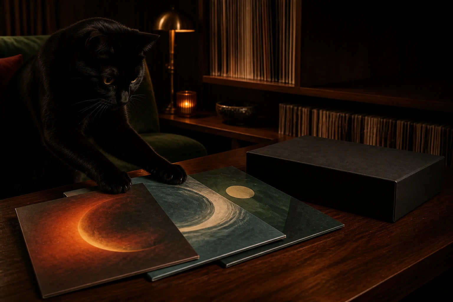 A black cat curating three distinct records beside a closed package in a premium listening room