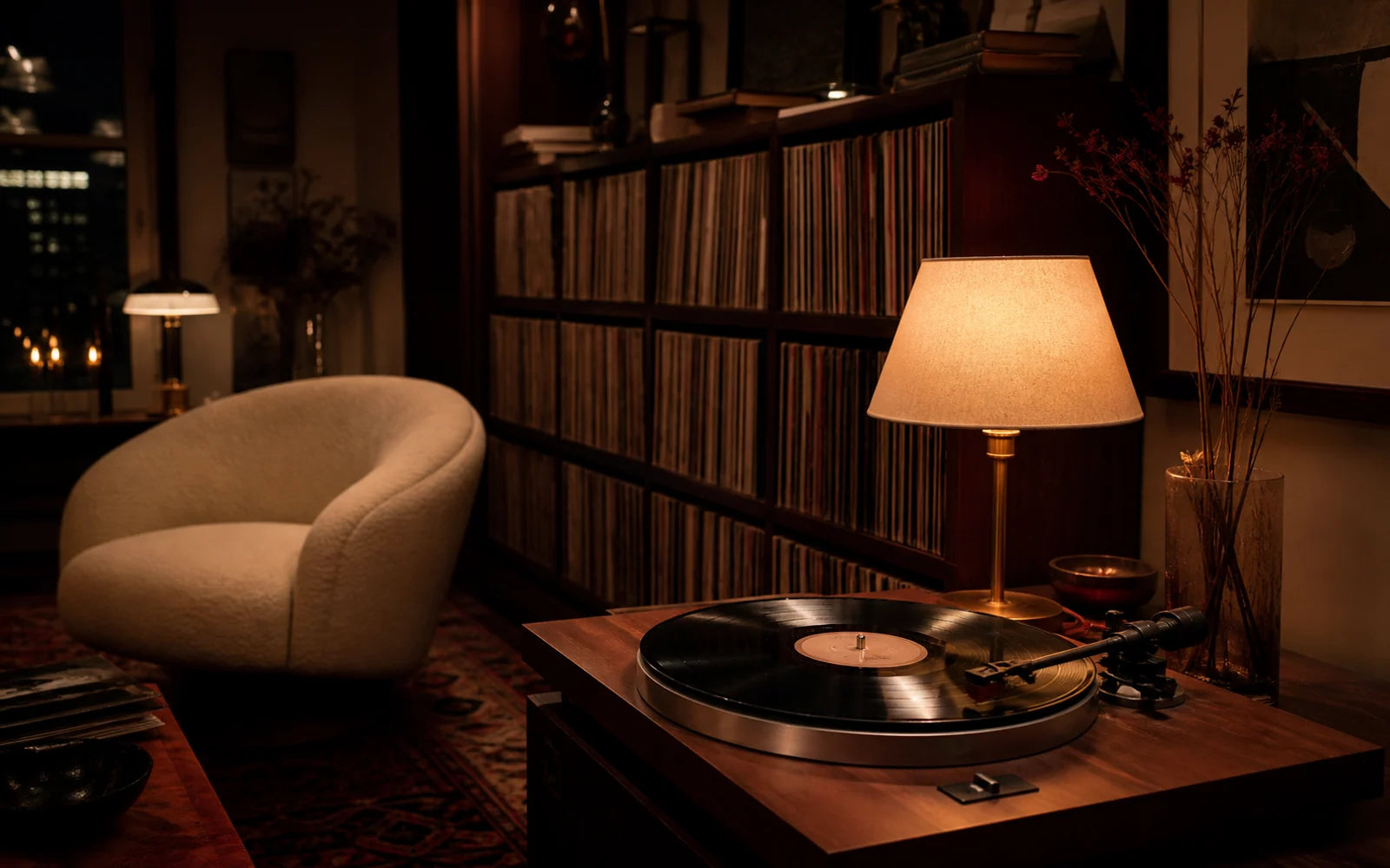 A record player in a warm listening room